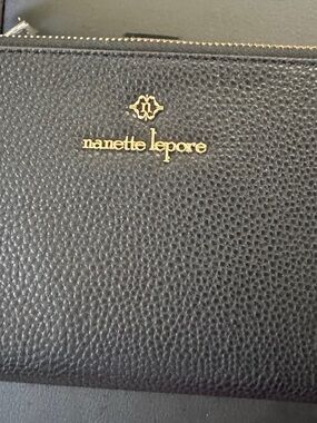 Nanette Lepore Black Leather Zip-Around Wallet with Gold Hardware